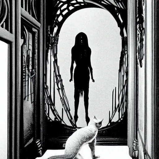 Image similar to detailed still of Ripley-Sigourney Weaver wearing a white singlet and cat Jonesy moving apartment New York City 1983, gothic building entrance way Art Deco, style of H.R. Giger, cinematic feel, high octane