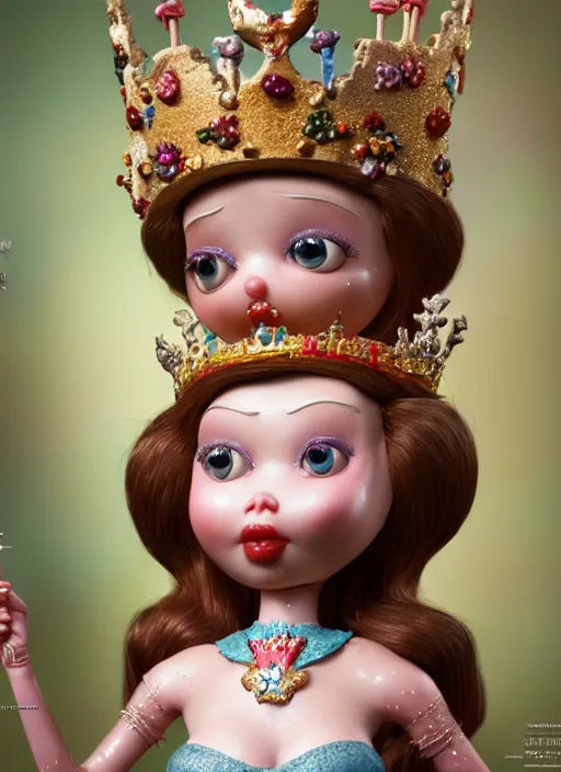 Image similar to highly detailed closeup, face profile portrait of a tin toy fairytale princess wearing a crown eating cakes, bikini, unreal engine, by nicoletta ceccoli, mark ryden, lostfish, dan decarlo, bob clampett, max fleischer, global illumination, detailed and intricate environment