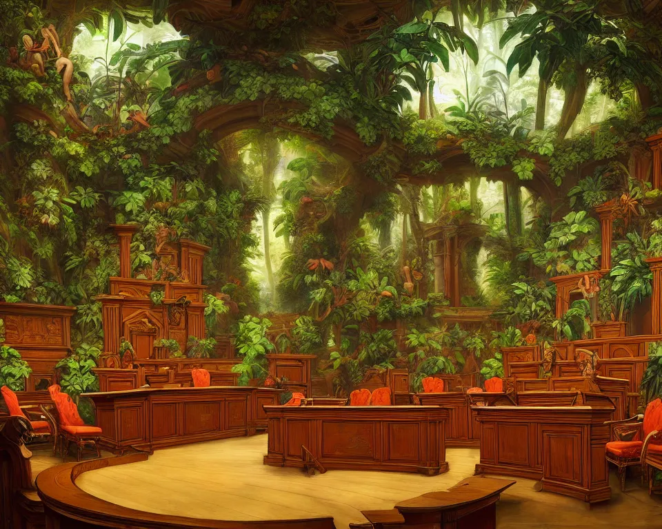 Image similar to an ornate courtroom in the rainforest by raphael and hopper. hyperdetailed, proportional, romantic, enchanting, achingly beautiful, graphic print, trending on artstation, jungle, tropical, foliage