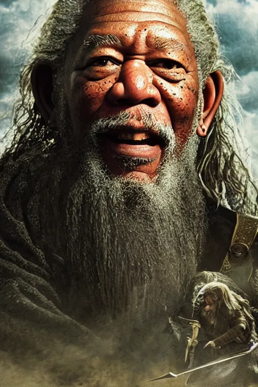 Image similar to morgan freeman starring as gimli in lord of the rings, full body, oil on canvas, intricate, 8 k highly professionally detailed, hdr, cgsociety