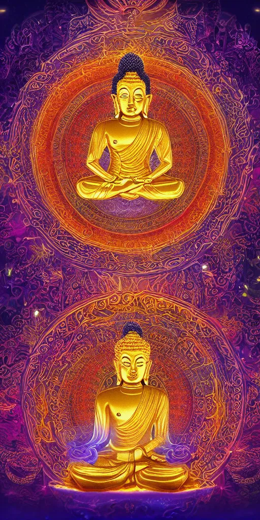 Image similar to rainbowcore, golden buddha glowing, surrounded by lotus, with the sun shining with the moon, with detailed mandala filled with fractals, bioluminescence, glowing runes, de-noise, symmetrical composition, high detailed, ornate border, 8k, vray,