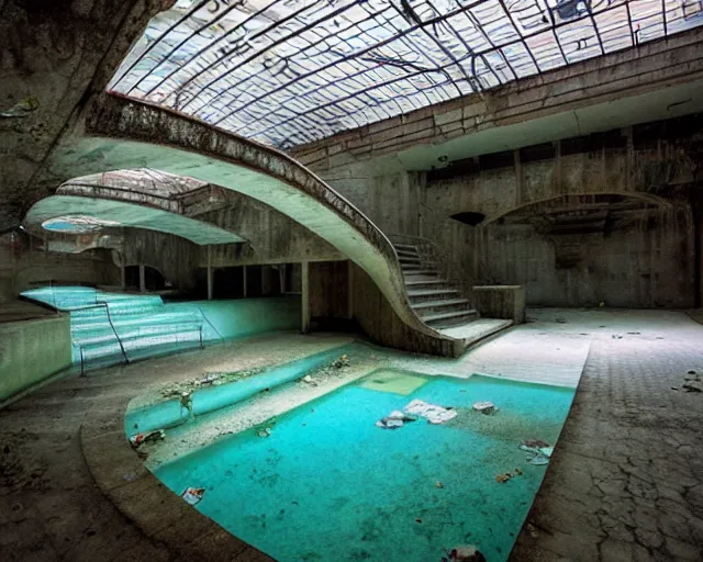 Prompt: abandoned place by ricardo bofill. an underground waterpark that used to be full of life, now empty at nighttime, under artificial fluorescent lights.