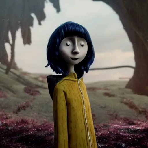 Image similar to natalia dyer starring as live action coraline, movie still, 8 k