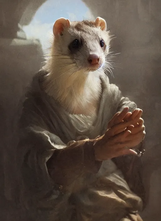 Image similar to a beautiful closeup shot from a fantasy film of a humanoid ferret with golden eyes wearing a loose tunic. portrait. joseph ducreux, greg rutkowski.