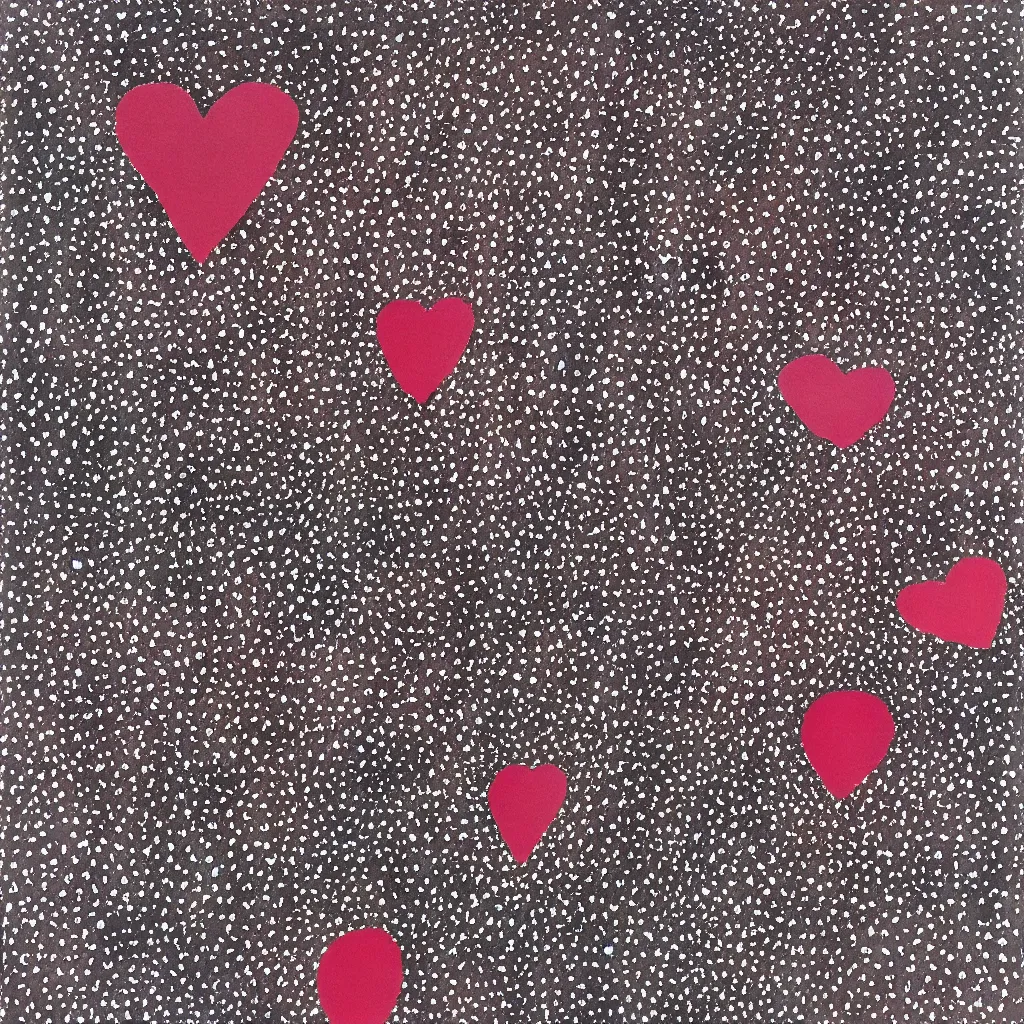 Image similar to camouflage made of hearts, smiling, abstract, rei kawakubo artwork, cryptic, dots, stipple, lines, splotch, color tearing, pitch bending, color splotches, dark, ominous, eerie, minimal, points, technical, old painting