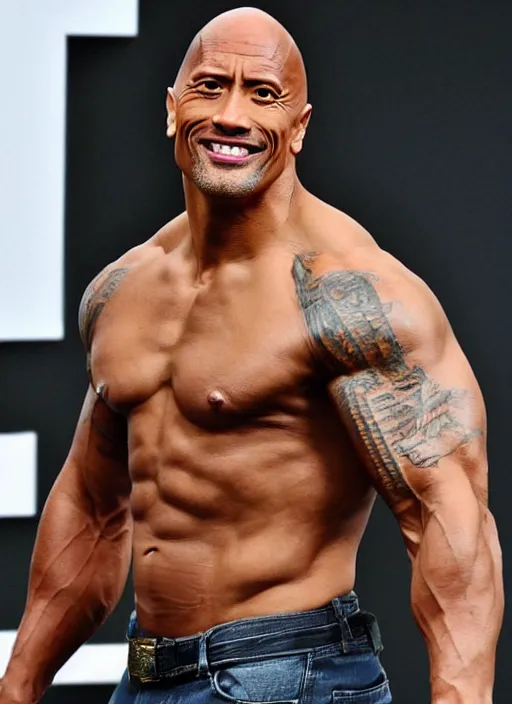 Image similar to Dwayne Johnson with a very slim and thin and skinny body