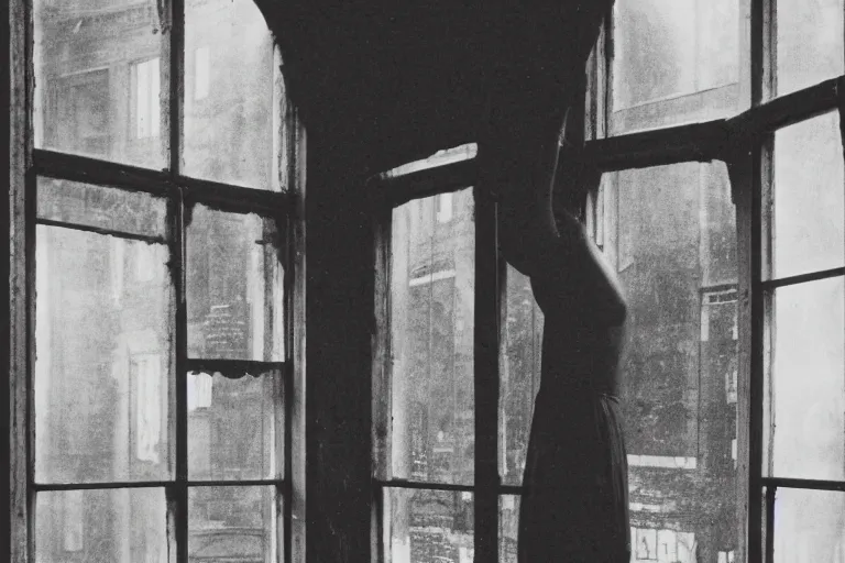 Prompt: photo of a city through the dirty window, photo by Francesca Woodman,