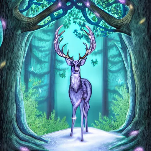 Image similar to A mystic deer with majestic antlers in an enchanted forest. Moonlight. Fireflies. Celtic fantasy style. Digital art.