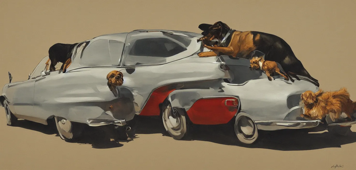 Prompt: highly detailed photorealistic painting of a car giving a dog a hug, mid century art, values as flat shapes, minimal shading