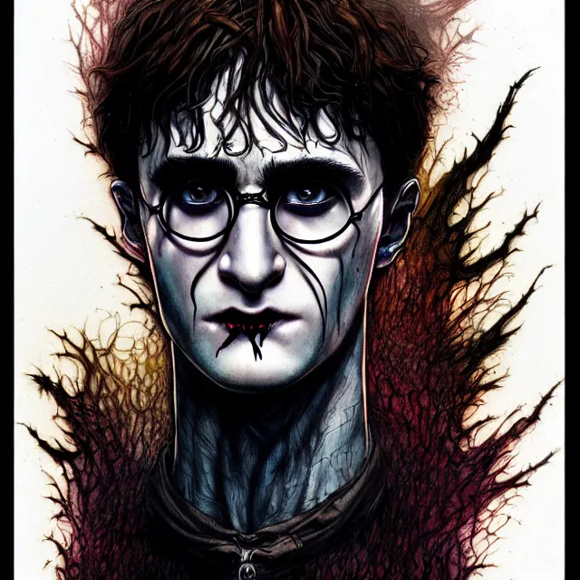 Prompt: symmetrical complex fine detail, black ink & copic markers, vibrant muted colors, disturbing grunge still of a [ biblical demon infested ] [ harry potter ], by ( arthur adams ), by ( tom bagshaw ), by henry asencio, by kikuchi hideyuki