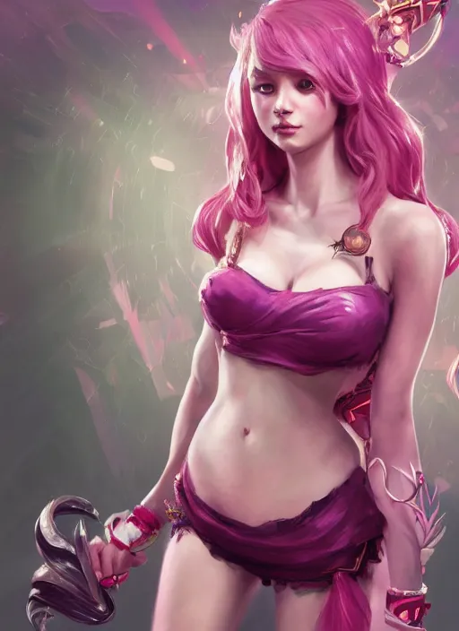Prompt: playful seraphine, from league of legends, au naturel, pink hair, new musical instruments, hyper detailed, digital art, trending in artstation, cinematic lighting, studio quality, smooth render, unreal engine 5 rendered, octane rendered, art style by klimt and nixeu and ian sprigger and wlop and krenz cushart