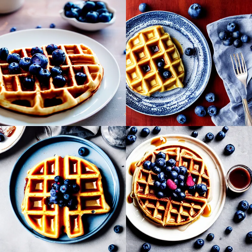 Prompt: A delicious waffle on a plate, food photography, syrup, blueberries, butter