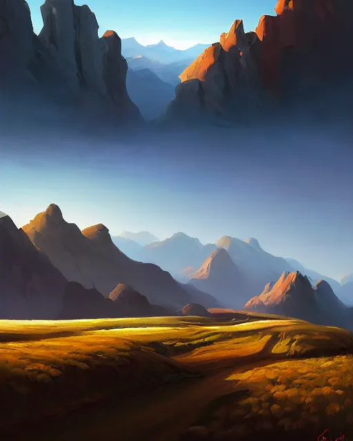 Image similar to a painting of a landscape with mountains and clouds, a matte painting by rhads, behance contest winner, fantasy art, 2 d game art, matte painting, concept art