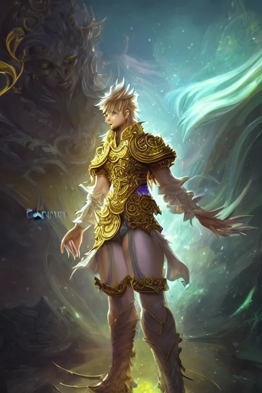 Image similar to fullbody portrait of a male fit hero with strange hairs, soft smile, baroque cloth, luminous scene, final fantasy and league of legends champion, by chengwei pan and sakimichan, gradient white to gold, in front of an iridescent magical building background, highly detailed portrait, digital painting, smooth, focus illustration