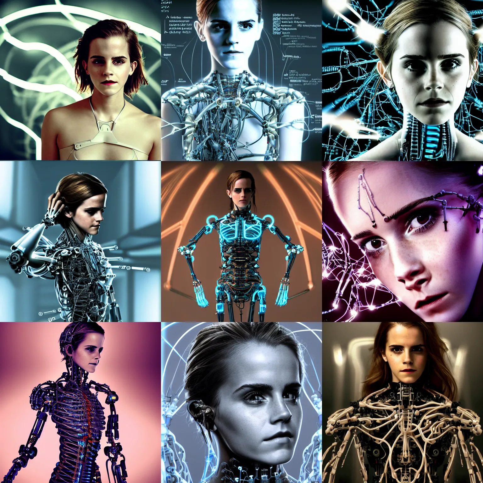 Prompt: emma watson as a biomechanical cyborg - goddess high quality photo, microchip, artificial intelligence, bio - mechanical bio - luminescence, black wired cables, neurons, nerve cells, cinematic, rim light, photo - realistic, elegant, high detail, 8 k, masterpiece, high fashion