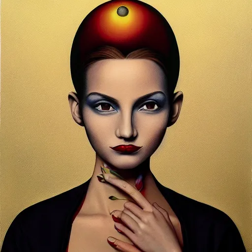 Prompt: a painting of a woman, an ultrafine detailed painting by rafal olbinski, behance contest winner, pop surrealism, detailed painting, very detailed, minimalist, skeuomorphic, airbrush art