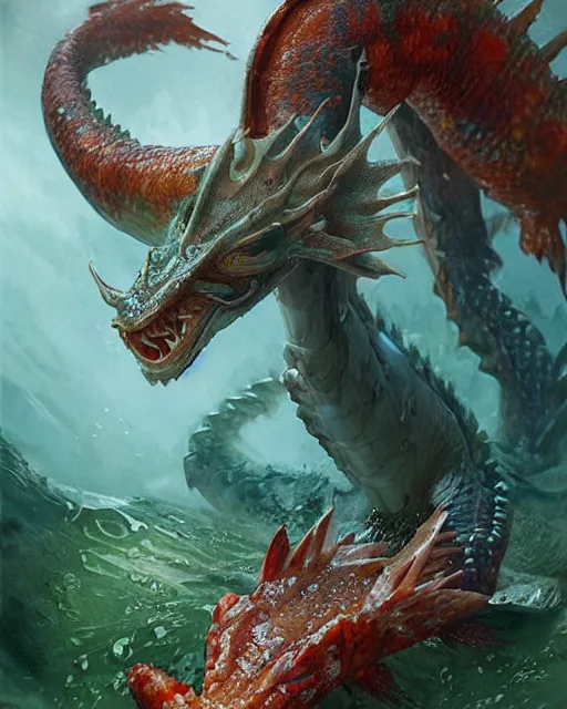 Prompt: game character, ethereal, gorgeous, mysteriously beautiful giant huge kaiju sized pond dragon half fish half salamander, sea dragon, wet amphibious skin, red salamander, axolotl creature, koi pond, korean village by Ruan Jia and Gil Elvgren, fullbody