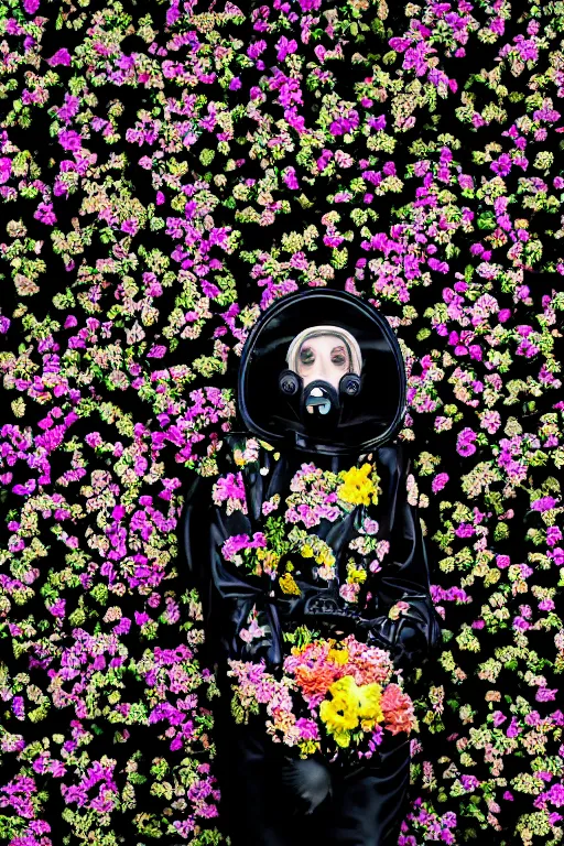 Image similar to a surreal portrait of a woman wearing gas mask blending into a wall of black flowers in the style of brooke didonato, editorial fashion photography from vogue magazine, full shot, nikon d 8 1 0, ƒ / 2. 5, focal length : 8 5. 0 mm, exposure time : 1 / 8 0 0, iso : 2 0 0