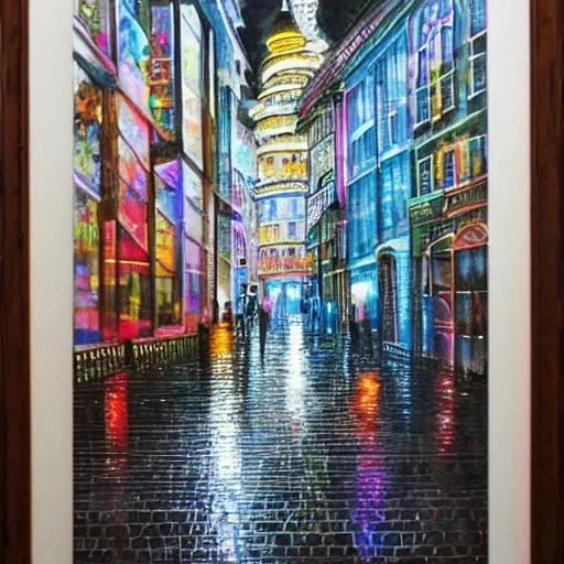 Image similar to brightly illuminated city street on a rainy day, acrylic and silver leaf on canvas, very beautiful, extremely detailed, stunning masterpiece by a very talented artist