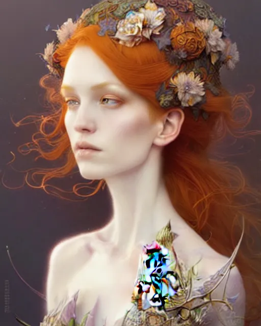 Image similar to Beautiful and playful ethereal ginger portrait, art nouveau, fantasy, intricate flower designs, elegant, highly detailed, sharp focus, art by Carne Griffith, Artgerm and Greg Rutkowski and WLOP