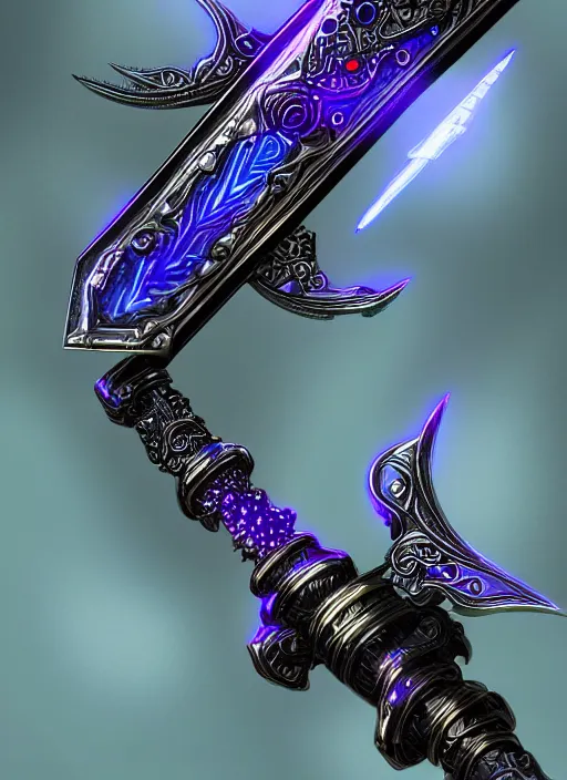 Image similar to legendary glowing sword of cybernetic technology, intricate, sharp black and iridescent blade, ornate gothic baroque spikes hilt, colorful handle, vivid detailed realistic, ray tracing, colored gems, artstation, deviantart