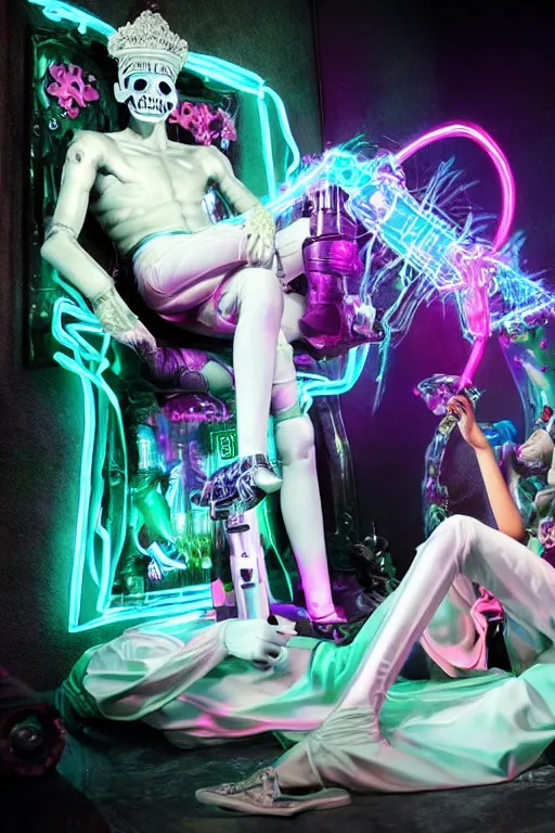 Prompt: full-body rococo and cyberpunk style neon statue of a young attractive Zayn Malik macho dotado e rico android sim roupa reclining con las piernas abertas e la piroca dura, glowing white laser eyes, prince crown of pink gears, diamonds, swirling silver-colored silk fabric. futuristic elements. full-length view. space robots. human skulls. intricate artwork by caravaggio. Trending on artstation, octane render, cinematic lighting from the right, hyper realism, octane render, 8k, depth of field, 3D