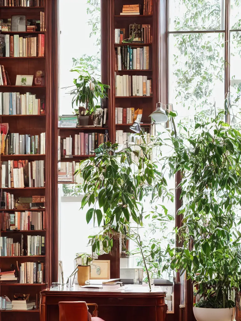 Prompt: A beautiful office room with mahogany bookcases and many beautiful plants and sunset light coming through the windows