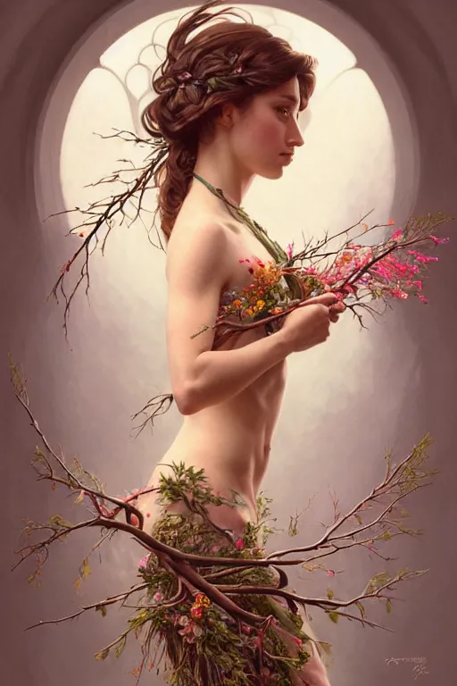 Image similar to symmetry!! full body portrait!!!! of a beautiful!!!! girl, pretty face, decorated with twigs and flowers, intricate, elegant, highly detailed, digital painting, artstation, concept art, smooth, sharp focus, illustration, art by artgerm and greg rutkowski and alphonse mucha, 8 k