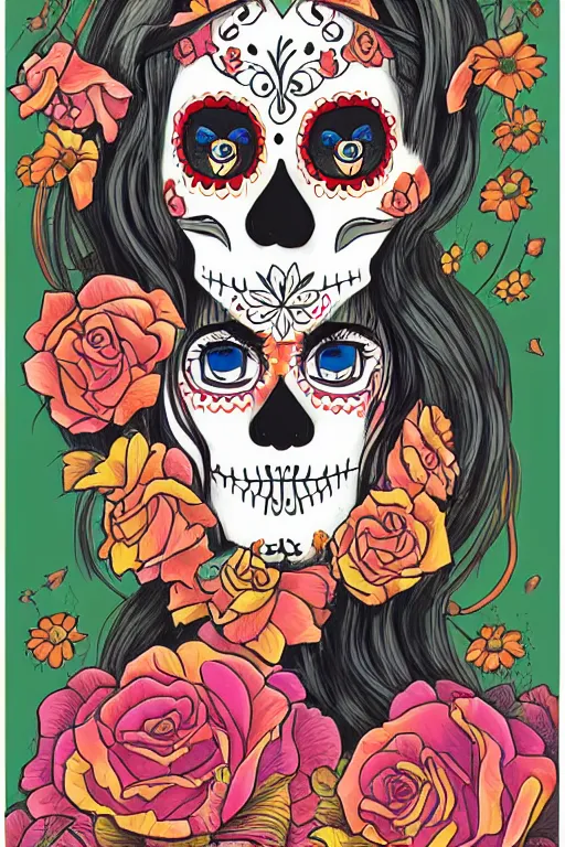 Image similar to illustration of a sugar skull day of the dead girl, art by ghibli studio