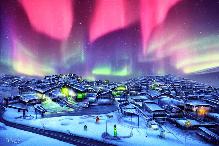 Image similar to favela winding cybernetic thrill ride, snowy arctic environment, industrial factory, bright, aurora borealis, award winning art, epic dreamlike fantasy landscape, ultra realistic,