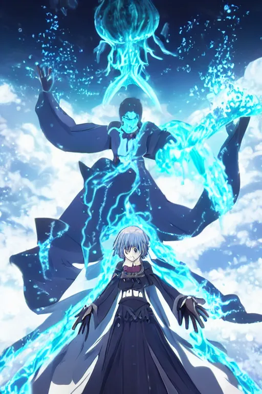 Image similar to cover art of mage summoning a ice golem, ufotable anime style, epic background