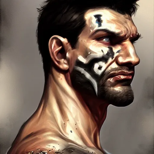 Image similar to portrait of remorseful frank castle the punisher, bruised, face paint, intricate, elegant, highly detailed, centered, grungy, digital painting, artstation, concept art, smooth, sharp focus, illustration, artgerm, artstation, boris vallejo