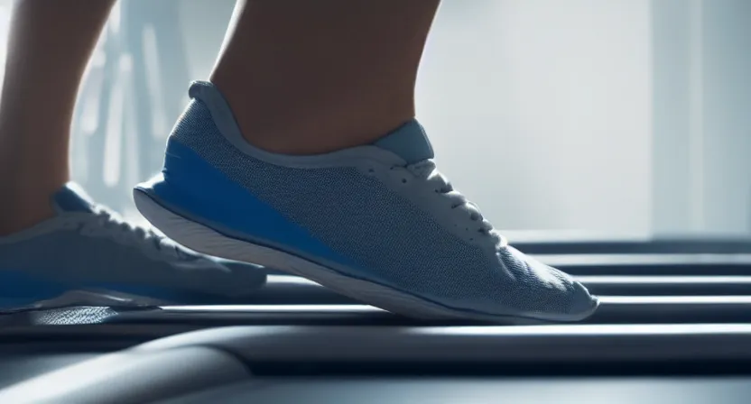 Image similar to close up on old running shoes running on a treadmill. cinematic lighting. moody. sci fi. octane render. blue grey tones.