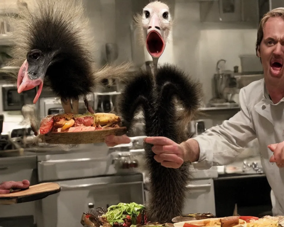 Image similar to a horror movie featuring a ostrich hosting a cooking show,