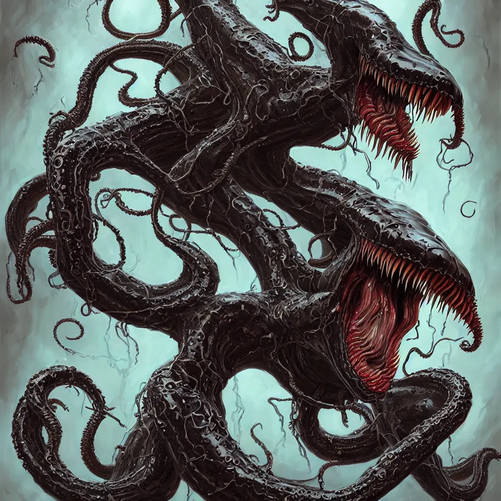 Image similar to venom, large mouth with teeth!!!!, elongated arms, short legs, lovecraftian horror!, surrealism, fantasy, intricate, elegant, highly detailed, digital painting, artstation, concept art, matte, sharp focus, illustration, art by keith thompson and christopher lane