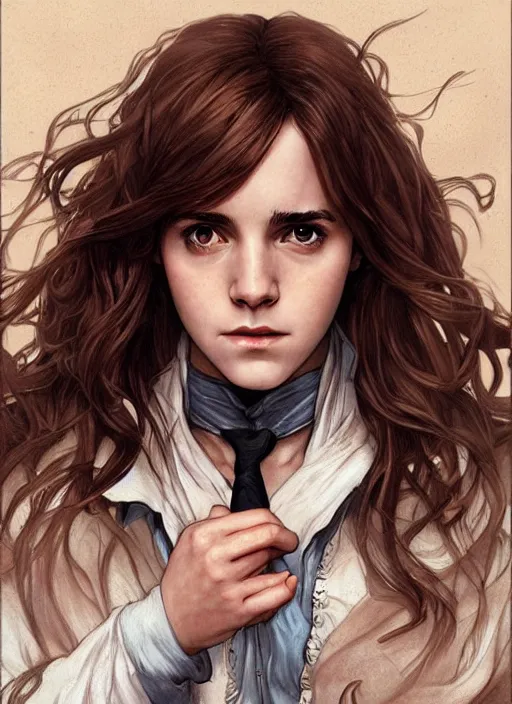 Image similar to hermione! granger! at hogwarts!!!! by emma watson. beautiful detailed face. by artgerm and greg rutkowski and alphonse mucha