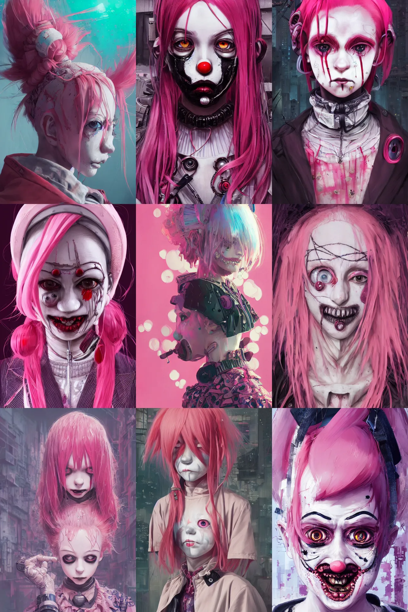 Prompt: by kyoto animation, very creepy clown girl pink hair, tears from the eyes, wearing cyberpunk intricate streetwear, beautiful, detailed portrait, intricate complexity, ilya kuvshinov, cell shaded, 4 k, concept art, by wlop, ilya kuvshinov, greg rutkowski, sharp focus, volumetric lighting, cinematic lighting