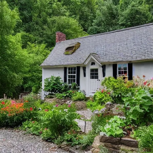 Prompt: a cute and quaint cobblestone cottage in the foothills of the blue ridge mountains with a lush vegetable garden in the front yard