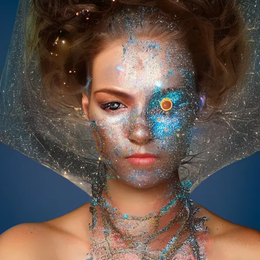 Prompt: portrait of a beautiful futuristic woman with a soft smile is layered with high-tech jewelry wrapping around her face and head, golden-silver light with tiny blue, gold, and red gems scattered like dust