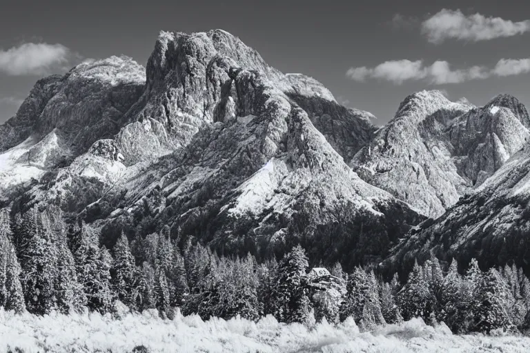 Image similar to distant dinosaur in a valley, huge snowy peaks, in the style of ansel adams, black and white, old, master photography