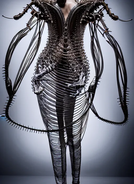 Image similar to walking down the catwalk, show, stage, vogue photo, podium, fashion show photo, historical baroque dress, iris van herpen, beautiful woman, full body shot, masterpiece, inflateble shapes, alien, plant predator, guyver, jellyfish, wires, veins, white biomechanical details, wearing epic bionic cyborg implants, highly detailed