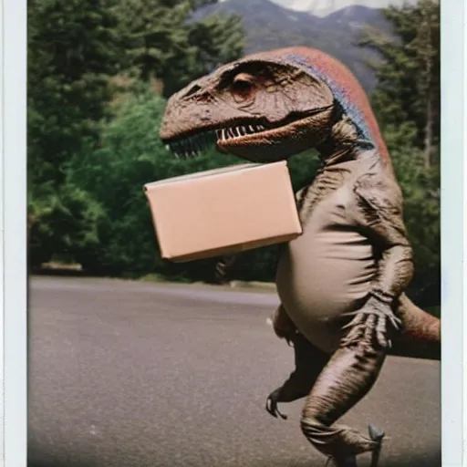 Image similar to polaroid photo of t - rex 🦖 stealing packages