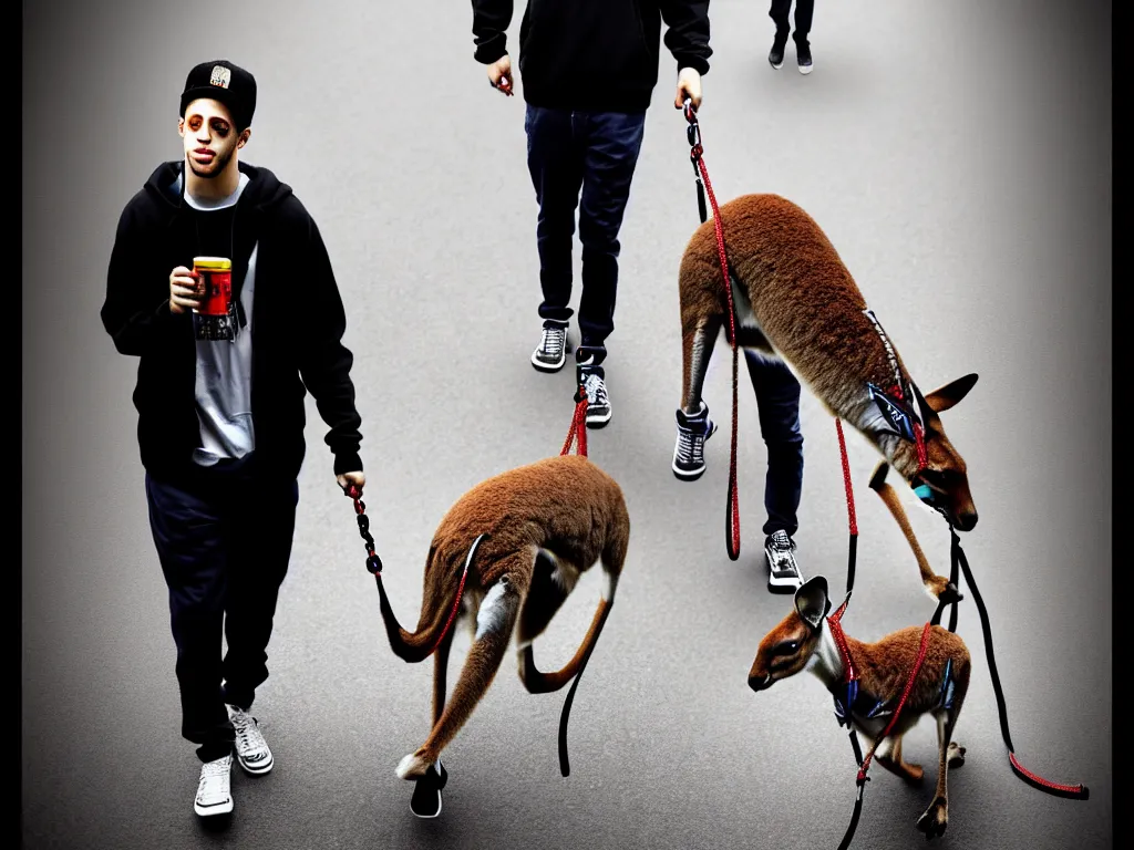 Image similar to pete davidson walking a kangaroo, 4k, trending on artstation, photorealistic, hyper detailed,