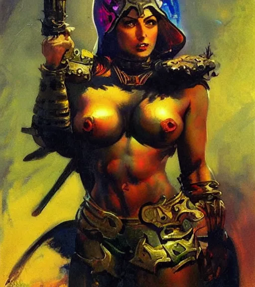 Image similar to portrait of strong iranian female chaos angel, beautiful! coherent! by frank frazetta, by brom, strong line, vivid neon color, shining metal power armor, iron helm, high contrast, maximalist