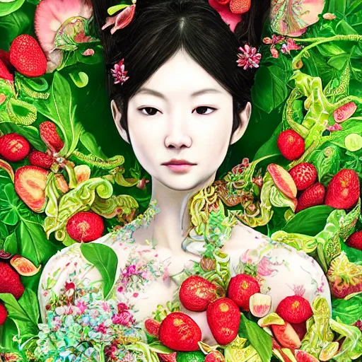 Image similar to the portrait of an absurdly beautiful, graceful, elegant, sophisticated asian woman made of strawberries and green petals, an ultrafine hyperdetailed illustration by kim jung gi, irakli nadar, intricate linework, bright colors, octopath traveler, final fantasy, unreal engine 5 highly rendered, global illumination, radiant light, detailed and intricate environment