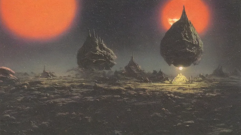 Prompt: eerie atmospheric alien planet with a small organic dropship landing by jack gaughan and bob eggleton and chris moore, epic cinematic matte painting