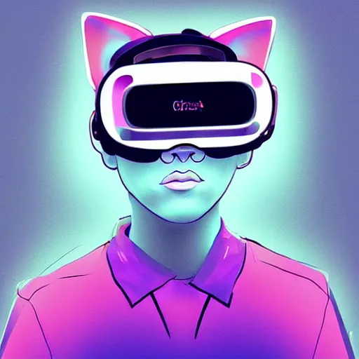 Prompt: cat wearing a vr headset in a vaporwave art style, digital art, artstation