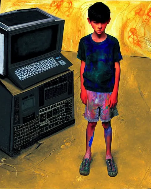 Prompt: an 8 years old enlightened and scared boy standing in front of an old computer from 90s with a game doom2 at the monitor screen painted by Adrian Ghenie and Willem de Kooning and Cy Twombly, still from a movie by Gaspar Noe and James Cameron. expressive acrylic flowing smudged painting