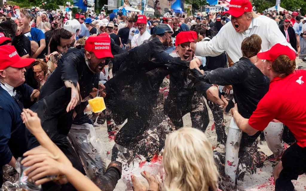 Image similar to donald trump hitting people with pudding, jello stained clothes, golden hour, boardwalk