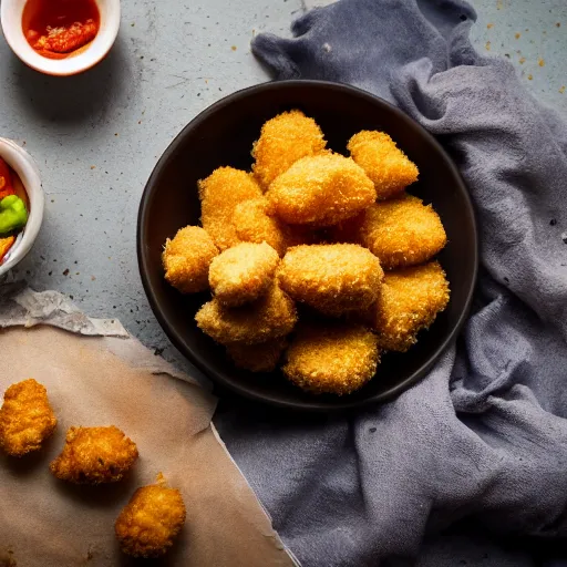 Prompt: rotten human hand picking up a moldy chicken nugget in a bowl of regular chicken nuggets, hd, 4k image